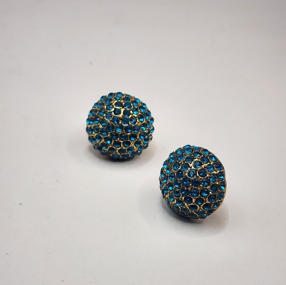 Modern Teal Dome Earrings Pierced Rhinestone Gold Tone Stud Statement Fashion - Picture 5 of 8